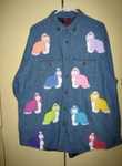 Flannel Lined Denim Shirt Jacket
Hand painted multi-colored Beardies adorn this jacket on both the front and back.
Jacket as shown ~ $150.00     Painted on front only ~ $85.00